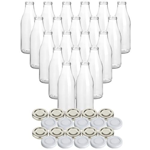 gouveo 20er Set Glasflasche 1000 ml “Saft” mit Schraub-Deckel in silberfarben und weiss - Große Saftflasche 1,0 l mit TO48 Verschluss - Leere Flasche ideal für Saft und Milch von gouveo