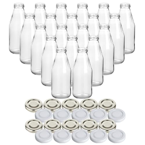 gouveo 20er Set Glasflasche 500 ml “Saft” mit Schraub-Deckel in silberfarben und Weiss - Saftflasche 0,25 l mit TO43 Verschluss - Leere Flasche ideal für Saft und Smoothies von gouveo