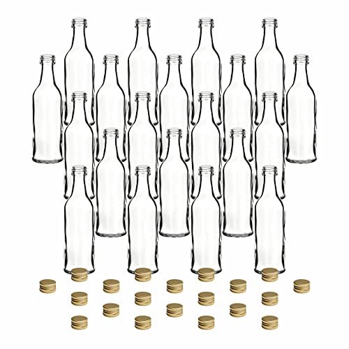 gouveo 20er Set Glasflaschen 50 ml Lina mit Schraubverschluss goldfarben - Mini Flasche 0,05 l zum Befüllen - Glasfläschchen für Likör, Schnaps, Öl oder zum Basteln von gouveo