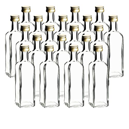 gouveo 20er Set Glasflaschen 60 ml Maraska mit Schraubverschluss goldfarben - Mini Flasche 0,06 l zum Befüllen - Glasfläschchen für Likör, Schnaps, Öl oder zum Basteln von gouveo