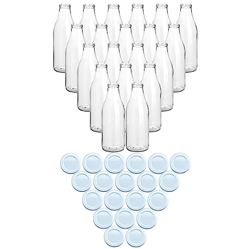 gouveo 20er Set Saftflasche 1000 ml mit Schraub-Deckel weiß - Große Glasflasche 1 Liter mit TO48 Verschluss - Leere Flasche zum Befüllen für Küche und Haushalt von gouveo