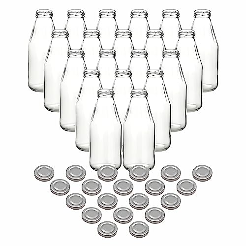 gouveo 20er Set Saftflasche 500 ml mit Schraub-Deckel silberfarben - Kleine Glasflasche 0,5 l mit TO43 Verschluss - Leere Flasche zum Befüllen für Küche und Haushalt von gouveo