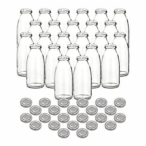 gouveo 24er Set Saftflasche 250 ml mit Schraub-Deckel silberfarben - Kleine Glasflasche 0,25 l mit TO43 Verschluss - Leere Flasche zum Befüllen für Küche und Haushalt von gouveo
