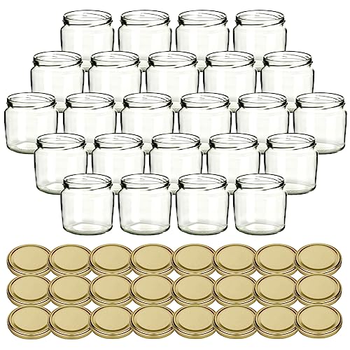 gouveo 24er Einmachgläser 360 ml rund mit Schraubverschluss goldfarben - Vorratsgläser mit Schraubdeckel TO82 zum Einkochen und Aufbewahren für Marmelade und Selbstgemachtes gouveo 24er Einmachgläser 360 ml rund mit Schraubverschluss goldfarben - Vorratsgläser mit Schraubdeckel TO82 zum Einkochen und Aufbewahren für Marmelade und Selbstgemachtes von gouveo