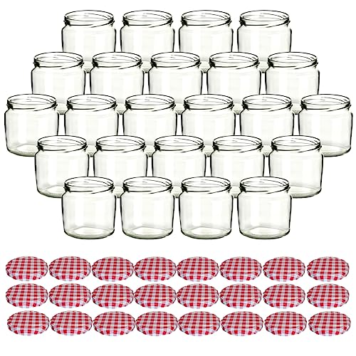 gouveo 24er Einmachgläser 360 ml rund mit Schraubverschluss karorot BS - Vorratsgläser mit Schraubdeckel TO82 zum Einkochen und Aufbewahren für Marmelade und Selbstgemachtes gouveo 24er Einmachgläser 360 ml rund mit Schraubverschluss karorot BS - Vorratsgläser mit Schraubdeckel TO82 zum Einkochen und Aufbewahren für Marmelade und Selbstgemachtes von gouveo