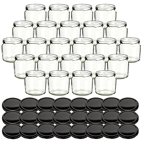 gouveo 24er Einmachgläser 360 ml rund mit Schraubverschluss schwarz BS - Vorratsgläser mit Schraubdeckel TO82 zum Einkochen und Aufbewahren für Marmelade und Selbstgemachtes von gouveo