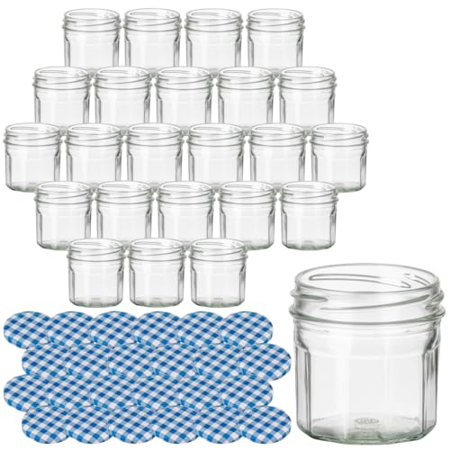 gouveo 24er Set Einmachgläser 100 ml Dekagon mit Schraubdeckel karo-blau - Zehneckige Gläser mit Twist-Off Verschluss - Kleine Vorratsgläser für Selbstgemachtes (EGD100KB) von gouveo