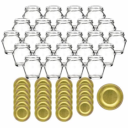 gouveo 24er Set Einmachgläser 106 ml Henkel mit Schraubdeckel - Leere Vorratsgläser zum Einkochen und Aufbewahren - Kleine Gläser für Selbstgemachtes (EGH106G) gouveo 24er Set Einmachgläser 106 ml Henkel mit Schraubdeckel - Leere Vorratsgläser zum Einkochen und Aufbewahren - Kleine Gläser für Selbstgemachtes (EGH106G) von gouveo