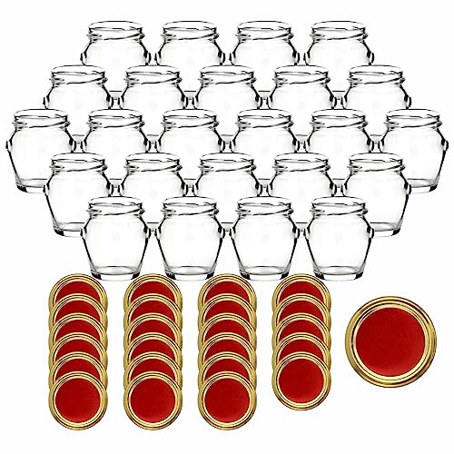 gouveo 24er Set Einmachgläser 106 ml mit Henkel und Schraub-Deckel rotgold - Kleine Vorratsgläser mit Drehverschluss - Henkelglas, Marmeladengläser, Einkochgläser, Einweckgläser von gouveo