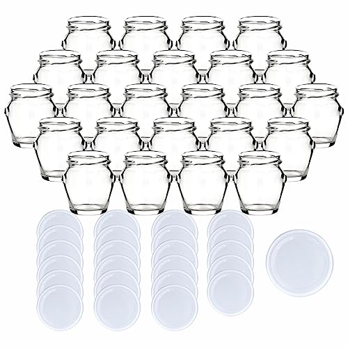 gouveo 24er Set Einmachgläser 106 ml Henkel mit Schraubdeckel - Leere Vorratsgläser zum Einkochen und Aufbewahren - Kleine Gläser für Selbstgemachtes (EGH106W) von gouveo