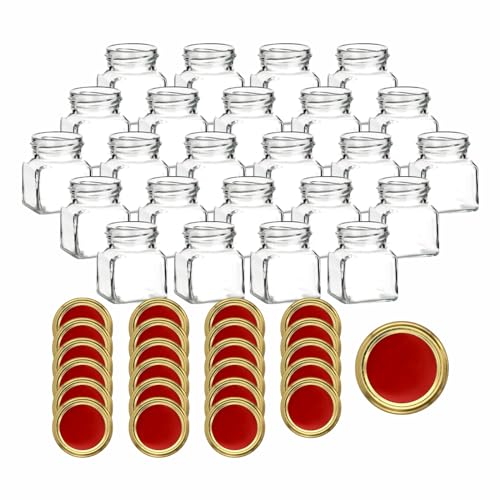 gouveo 24er Set Einmachgläser 120 ml eckig mit Schraubverschluss rot-Gold - Kleine Vorratsgläser mit Twist-Off Deckel - Leere Marmeladengläser, Einkochgläser, Gewürzgläser von gouveo