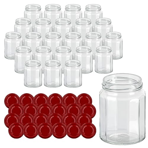 gouveo 24er Set Einmachgläser 194 ml 12Kant mit Schraubdeckel rot - 12-eckige Vorratsgläser mit Schraubverschluß TO58 mm - Kleine Einmachgläser für Marmelade, Honig, Gewürze, Selbstgemachtes gouveo 24er Set Einmachgläser 194 ml 12Kant mit Schraubdeckel rot - 12-eckige Vorratsgläser mit Schraubverschluß TO58 mm - Kleine Einmachgläser für Marmelade, Honig, Gewürze, Selbstgemachtes von gouveo