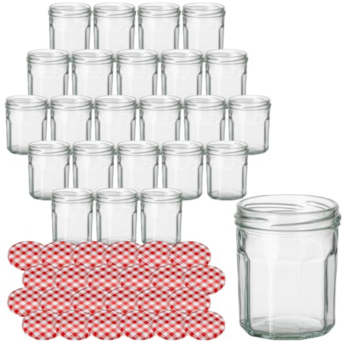 gouveo 24er Set Einmachgläser 200 ml Dekagon mit Schraubdeckel karo-rot - Zehneckige Gläser mit Twist-Off Verschluss - Kleine Vorratsgläser für Selbstgemachtes (EGD200KR) von gouveo