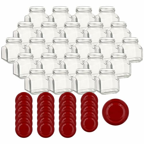 gouveo 24er Set Einmachgläser 212 ml Firenze mit Schraub-Deckel rot - Kleine Vorratsgläser mit Schraubverschluß TO58 mm - Leere Marmeladengläser, Einkochgläser, Gewürzgläser von gouveo