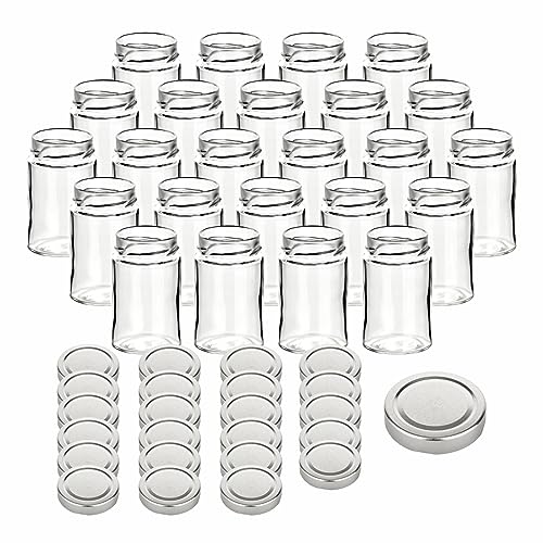 gouveo 24er Set Einmachgläser 212 ml Klassik mit Schraubdeckel silberfarben - Kleine Vorratsgläser mit Verschluss TO58 Deep - Leere Gläser für Marmelade, zum Einkochen und Aufbewahren gouveo 24er Set Einmachgläser 212 ml Klassik mit Schraubdeckel silberfarben - Kleine Vorratsgläser mit Verschluss TO58 Deep - Leere Gläser für Marmelade, zum Einkochen und Aufbewahren von gouveo