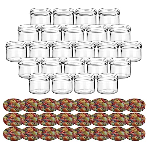 gouveo 24er Set Einmachgläser 230 ml rund mit Schraub-Deckel Früchte - Vorratsgläser mit Drehverschluss TO82 - Marmeladengläser, Einkochgläser, Wurstgläser von gouveo