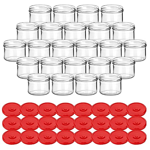 gouveo 24er Set Einmachgläser 230 ml rund mit Schraub-Deckel rot - Vorratsgläser mit Drehverschluss TO82 - Marmeladengläser, Einkochgläser, Wurstgläser von gouveo