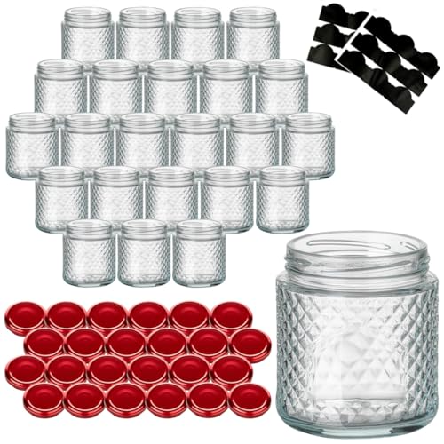 gouveo 24er Set Einmachgläser 280 ml Kristall rund mit Schraubdeckel rot - Leere Vorratsgläser zum Einkochen und Aufbewahren - Kleine Schmuckgläser mit Diamant-Muster (EGK280R) von gouveo