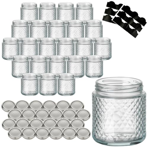 gouveo 24er Set Einmachgläser 280 ml Kristall rund mit Schraubdeckel silberfarben - Leere Vorratsgläser zum Einkochen und Aufbewahren - Kleine Schmuckgläser mit Diamant-Muster (EGK280S) von gouveo