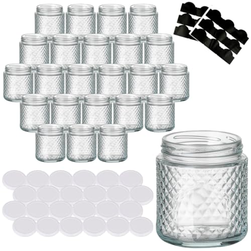 gouveo 24er Set Einmachgläser 280 ml Kristall rund mit Schraubdeckel Weiss - Leere Vorratsgläser zum Einkochen und Aufbewahren - Kleine Schmuckgläser mit Diamant-Muster (EGK280W) von gouveo