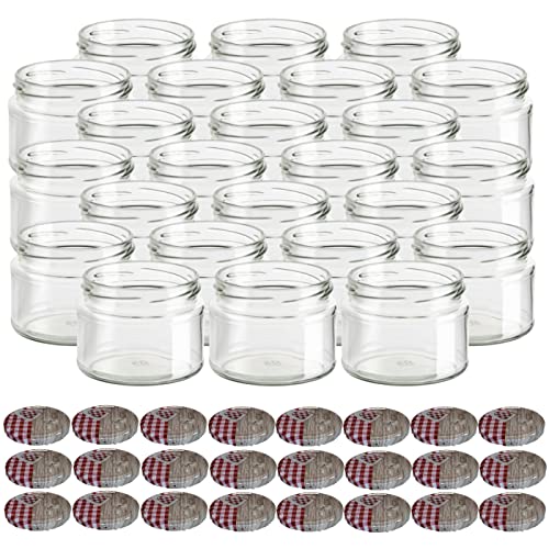 gouveo 24er Set Einmachgläser 300 ml Salsa mit Schraub-Deckel Herz-rot - Vorratsgläser mit Drehverschluss TO82 - Marmeladengläser, Einkochgläser, Gewürzgläser, Einweckgläser von gouveo