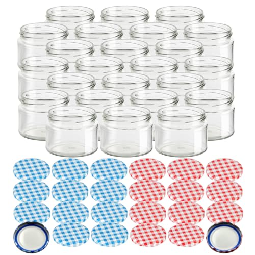 gouveo 24er Set Einmachgläser 300 ml rund mit BlueSeal Schraub-Deckel in karoblau und karorot - Leere Vorratsgläser mit TO Ø 82 mm - Salsaglas von gouveo