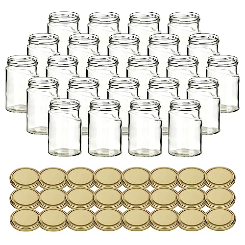gouveo 24er Set Einmachgläser 314 ml Skew mit Schraubdeckel goldfarben - Leere Vorratsgläser mit Schraubverschluß TO66 für Marmelade, Honig, Selbstgemachtes (EGS314G) von gouveo