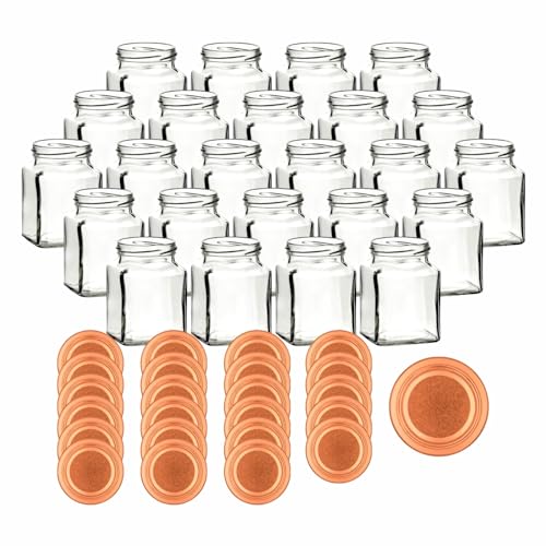 gouveo 24er Set Einmachgläser 314 ml eckig mit Schraub-Deckel bronzefarben - Kleine Vorratsgläser 0,3 l mit Schraubverschluss TO63 - Leere Gläser zum Einkochen, Einwecken und Aufbewahren von gouveo