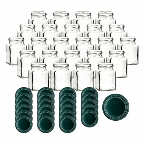 gouveo 24er Set Einmachgläser 314 ml eckig mit Schraub-Deckel grün - Kleine Vorratsgläser 0,3 l mit Schraubverschluss TO63 - Leere Gläser zum Einkochen, Einwecken und Aufbewahren von gouveo