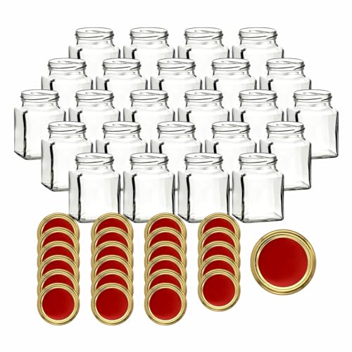 gouveo 24er Set Einmachgläser 314 ml eckig mit Schraub-Deckel rotgold - Kleine Vorratsgläser 0,3 l mit Schraubverschluss TO63 - Leere Gläser zum Einkochen, Einwecken und Aufbewahren von gouveo