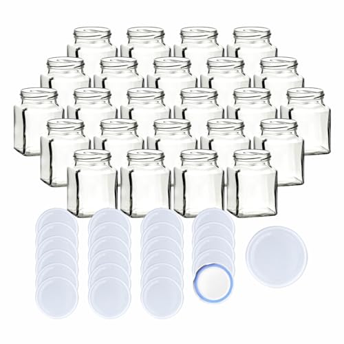 gouveo 24er Set Einmachgläser 314 ml eckig mit Schraub-Deckel weiß BlueSeal - Vorratsgläser 0,3 l mit Schraubverschluss TO63 - Leere Gläser zum Einkochen, Einwecken und Aufbewahren von gouveo