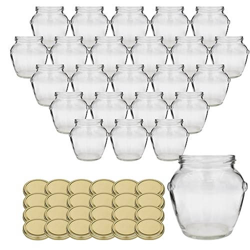 gouveo 24er Set Einmachgläser 314 ml mit Henkel und Schraubdeckel goldfarben - Vorratsgläser mit Drehverschluss - Leere Henkelgläser, Marmeladengläser (EGH314G) von gouveo