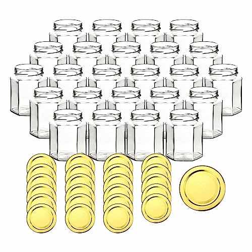 gouveo 24er Set Einmachgläser 332 ml Hexagon Schraub-Deckel goldfarben - Vorratsgläser 0,332 l mit Twist-Off-Deckel 66 Deep - Leere sechseckige Gläser zum Einkochen, Aufbewahren von gouveo