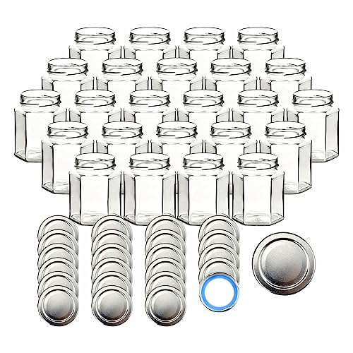 gouveo 24er Set Einmachgläser 332 ml Hexagon Schraub-Deckel silberfarben BS - Vorratsgläser 0,332 l mit Twist-Off-Deckel 66 Deep - Leere sechseckige Gläser zum Einkochen, Aufbewahren von gouveo