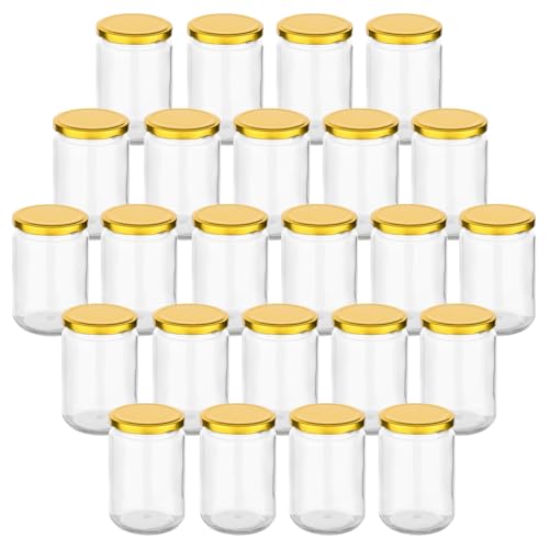 gouveo 24er Set Einmachgläser 350 ml rund mit Schraubdeckel goldfarben - Vorratsgläser mit Schraubverschluß - Schraubgläser zum Einkochen und Aufbewahren gouveo 24er Set Einmachgläser 350 ml rund mit Schraubdeckel goldfarben - Vorratsgläser mit Schraubverschluß - Schraubgläser zum Einkochen und Aufbewahren von gouveo