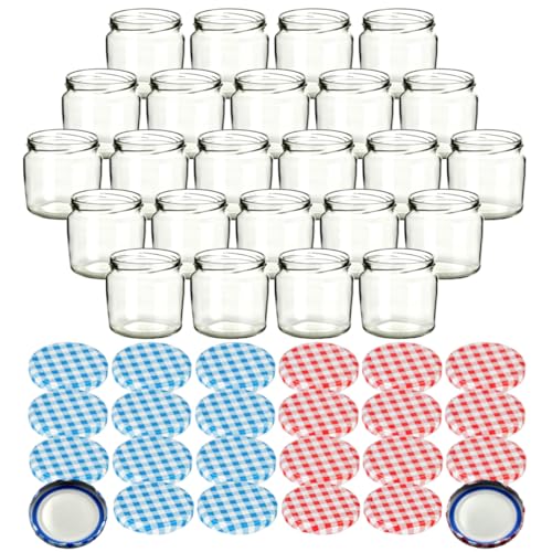 gouveo 24er Set Einmachgläser 360 ml rund mit BlueSeal Schraub-Deckel in karoblau und karorot - Leere Vorratsgläser mit TO Ø 82 mm - Wurstglas von gouveo
