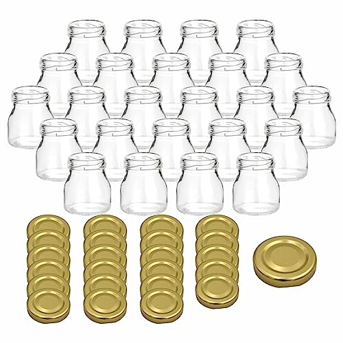 gouveo 24er Set Einmachgläser 50 ml Mini mit Schraub-Deckel goldfarben - Mini Vorratsgläser mit Drehverschluss - Marmeladengläser, Einkochgläser, Gewürzgläser, Einweckgläser von gouveo