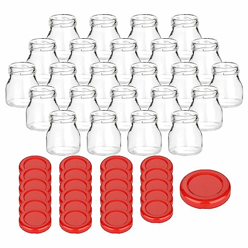 gouveo 24er Set Einmachgläser 50 ml Mini mit Schraub-Deckel rot - Mini Vorratsgläser mit Drehverschluss - Marmeladengläser, Einkochgläser, Gewürzgläser, Einweckgläser von gouveo