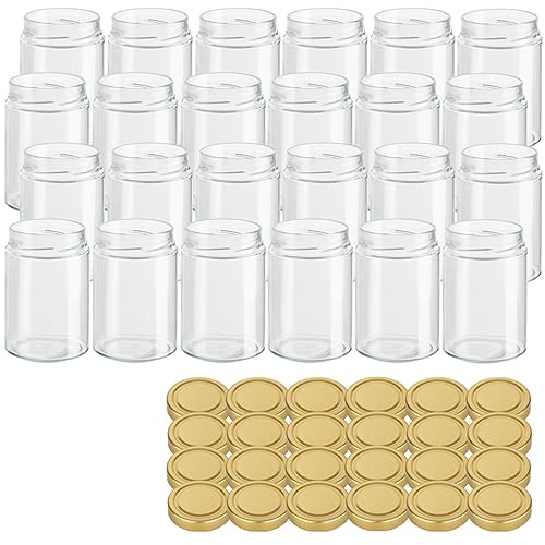 gouveo 24er Set Einmachgläser 500 Klassik mit Schraub-Deckel goldfarben - Vorratsgläser mit Drehverschluss TO82 Deep - Leeres Glas für Marmelade, Konfitüre, Honig, Selbstgemachtes von gouveo