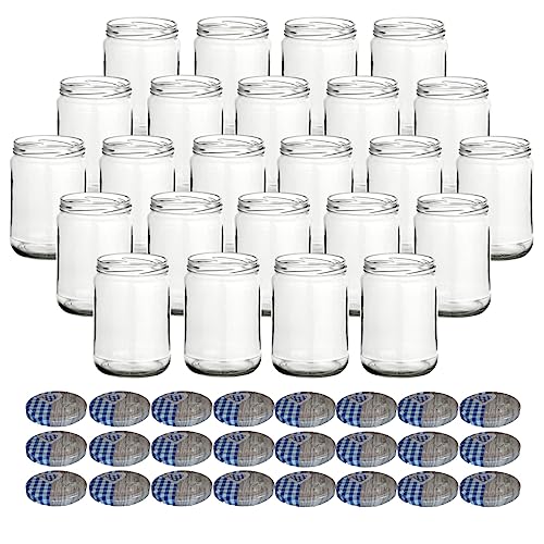 gouveo 24er Set Einmachgläser 580 ml Klassik mit Schraub-Deckel Herz-blau - Vorratsgläser mit Drehverschluss TO82 - Leere Marmeladengläser, Einkochgläser, Einweckgläser von gouveo