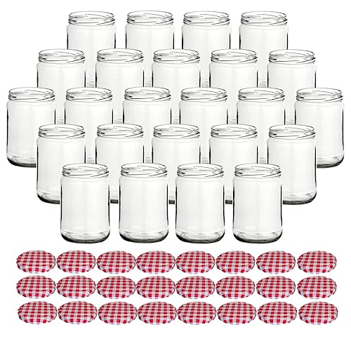 gouveo 24er Set Einmachgläser 580 ml Klassik mit Schraubdeckel karo-rot BS - Leere Vorratsgläser mit Drehverschluss TO82 für Marmelade, Fruchtmus, Eintöpfe, Suppen, Selbstgemachtes von gouveo