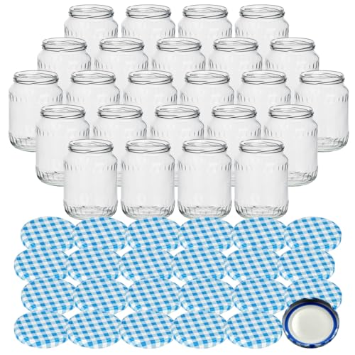 gouveo 24er Set Einmachgläser 720 ml Facette mit Schraubdeckel karo-blau BS - Große Vorratsgläser mit Drehverschluss TO82 - Leere Marmeladengläser, Einweckgläser, Aufbewahrungsgläser von gouveo