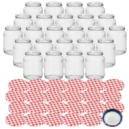 gouveo 24er Set Einmachgläser 720 ml Facette mit Schraub-Deckel karo-rot - Große Vorratsgläser mit Drehverschluss TO82 - Leere Marmeladengläser, Einkochgläser, Einweckgläser, Aufbewahrungsgläser von gouveo