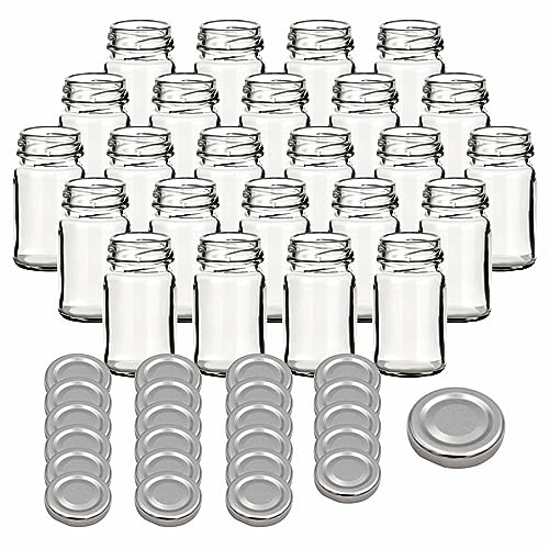 gouveo 24er Set Einmachgläser 65 ml Mini mit Schraubverschluss silberfarben - Kleine Schraubgläser mit Twist-Off-Deckel - Runde Gläser für Marmelade, Gewürze von gouveo