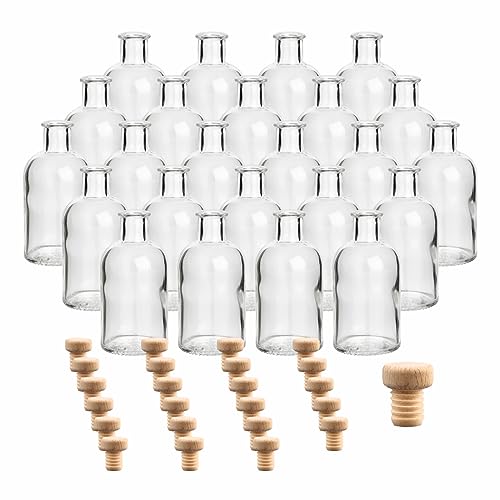 gouveo 24er Set Glasflasche 100 ml Apotheker rund mit Holzgriffkorken (HGK) - Kleine 0,1 l Flasche aus Glas zum Befüllen und Verschenken - Leere Korken-Flasche für Likör, Schnaps, Öl von gouveo