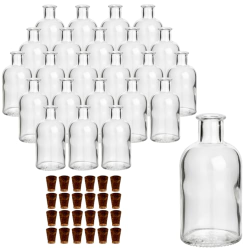 gouveo 24er Set Glasflasche 100 ml Apotheker rund mit Spitzkorken (SK) - Kleine 0,1 l Flasche aus Glas zum Befüllen und Verschenken - Leere Korken-Flasche für Likör, Schnaps, Öl von gouveo