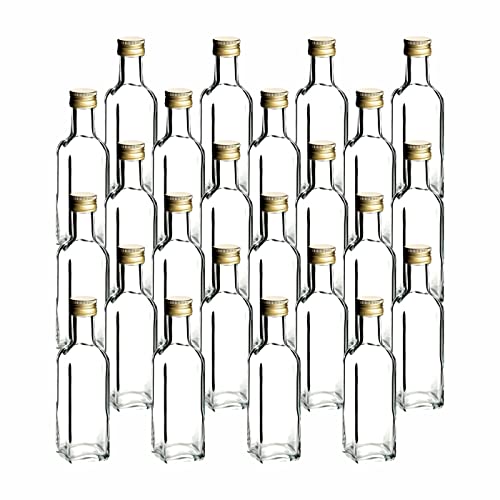 gouveo 24er Set Glasflasche 100 ml Maraska mit Schraubverschluss goldfarben - Kleine Flasche 0,1 l zum Befüllen - Leere Flasche eckig für Likör, Schnaps, Öl von gouveo