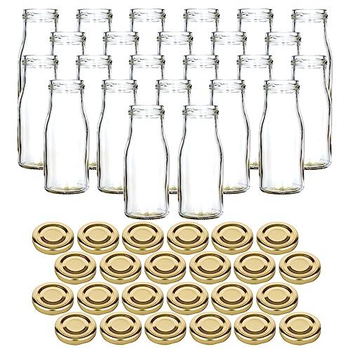 gouveo 24er Set Glasflasche 150 ml Smoothie mit Schraub-Deckel goldfarben - Kleine Saftflasche 0,15 l mit TO43 Verschluss - Leere Flasche ideal zum Befüllen mit Saft und Smoothies von gouveo