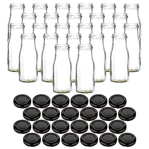 gouveo 24er Set Glasflasche 150 ml Smoothie mit Schraub-Deckel schwarz - Kleine Saftflasche 0,15 l mit TO43 Verschluss - Leere Flasche ideal zum Befüllen mit Saft und Smoothies von gouveo