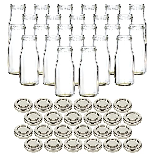 gouveo 24er Set Glasflasche 150 ml Smoothie mit Schraub-Deckel silberfarben - Kleine Saftflasche 0,15 l mit TO43 Verschluss - Leere Flasche ideal zum Befüllen mit Saft und Smoothies von gouveo